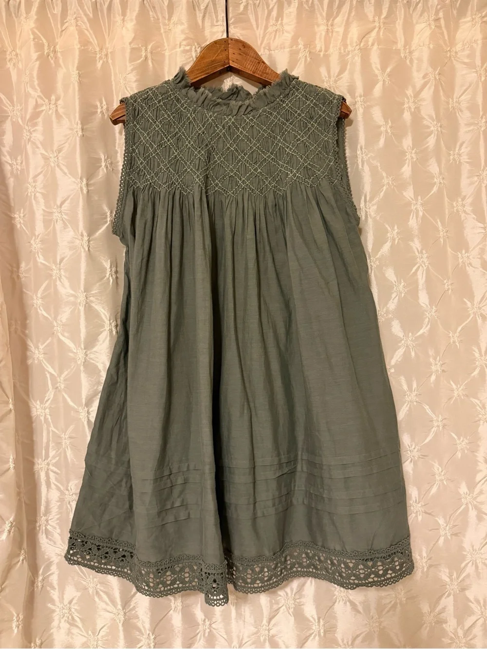 Free People Shea Smocked Yoke Shift Mini Dress Dried Basil Green Olive XS